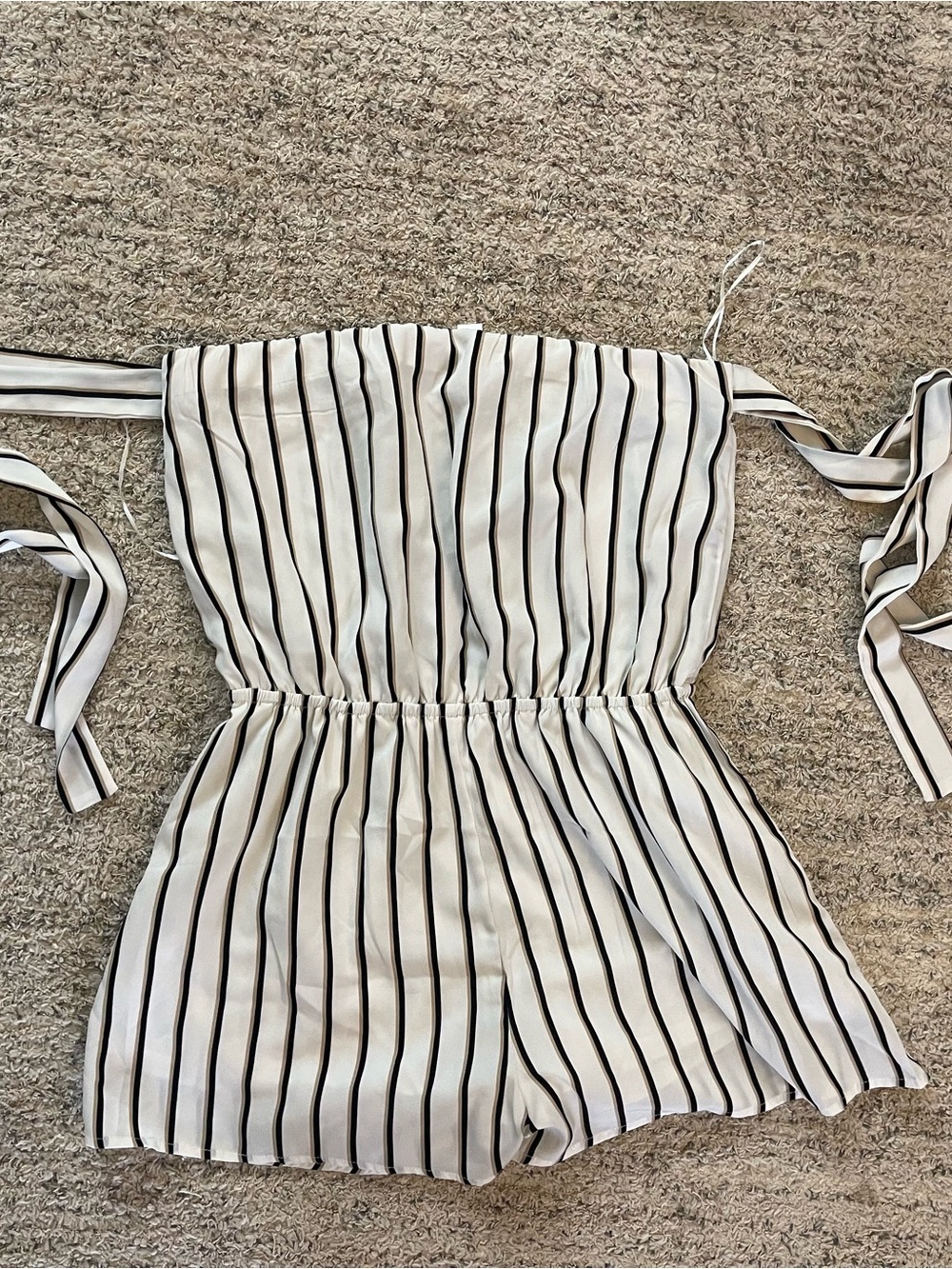 mahina White and Black Striped Strapless Romper